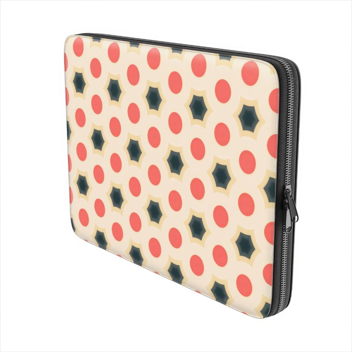 Laptop Sleeve with Clown Add pattern, artistic, ornamental kaleidoscope pattern. Red and beige color combination. Bold expressive aesthetic design. Colorful and interior fit. Side view.
