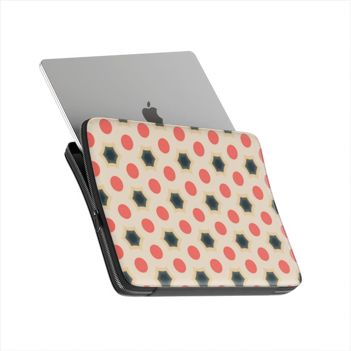 Laptop Sleeve with Clown Add pattern, artistic, ornamental kaleidoscope pattern. Red and beige color combination. Bold expressive aesthetic design. Colorful and interior fit. Side view with device.