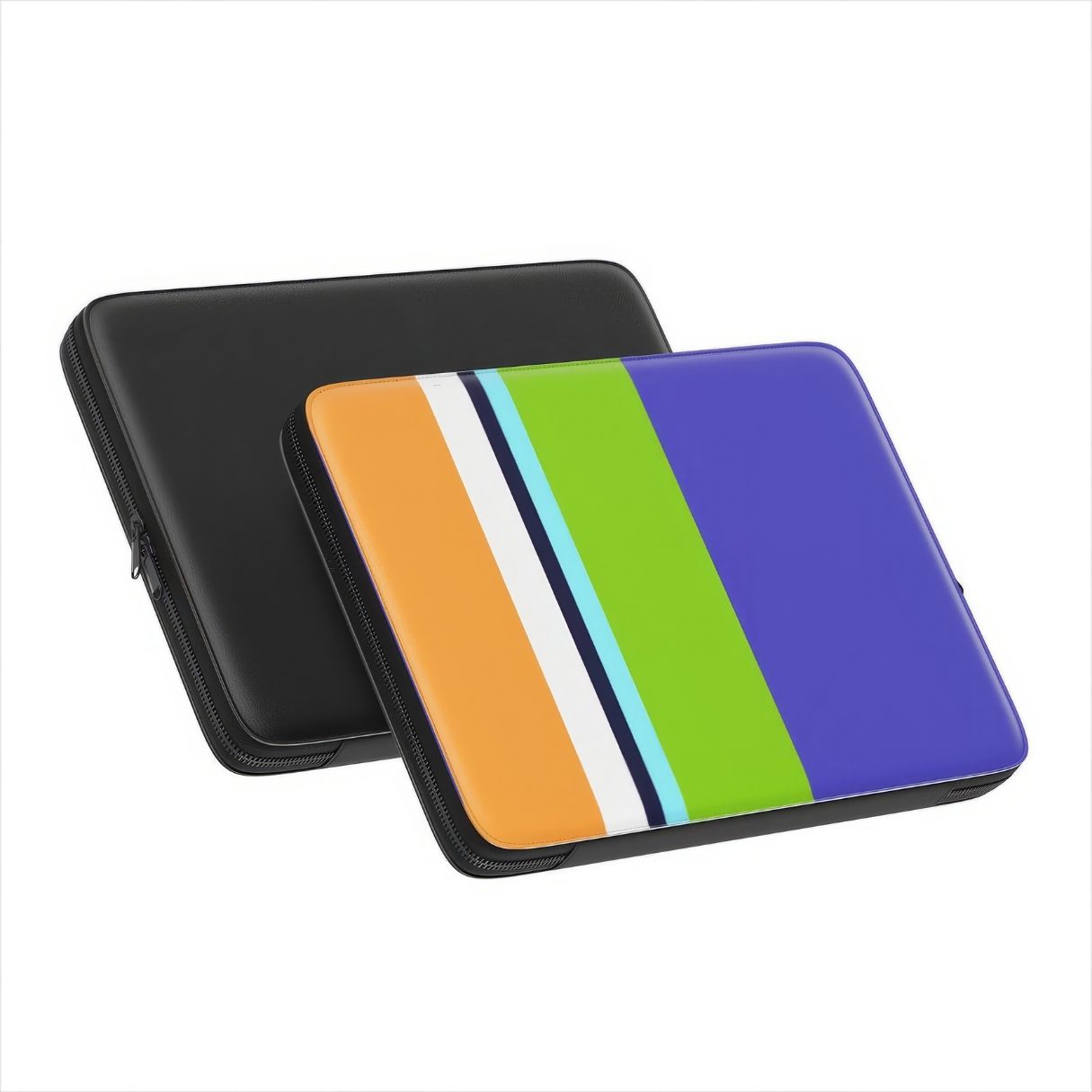 Laptop Sleeve with Color Blocks Coastline pattern design with a color blocks, featuring an elegant and expressive aesthetic design. Main colors are light green, violet and orange. Front and back view.