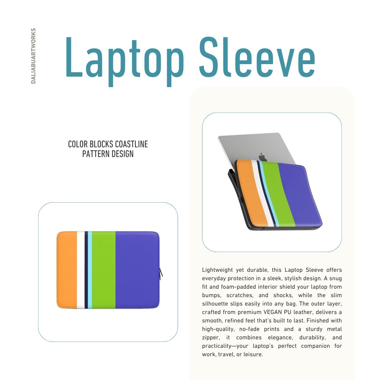 Laptop Sleeve with Color Blocks Coastline pattern design with a color blocks, featuring an elegant and expressive aesthetic design. Main colors are light green, violet and orange. Description.