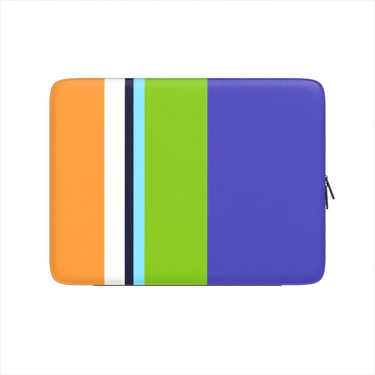 Laptop Sleeve with Color Blocks Coastline pattern design with a color blocks, featuring an elegant and expressive aesthetic design. Main colors are light green, violet and orange. Front view.