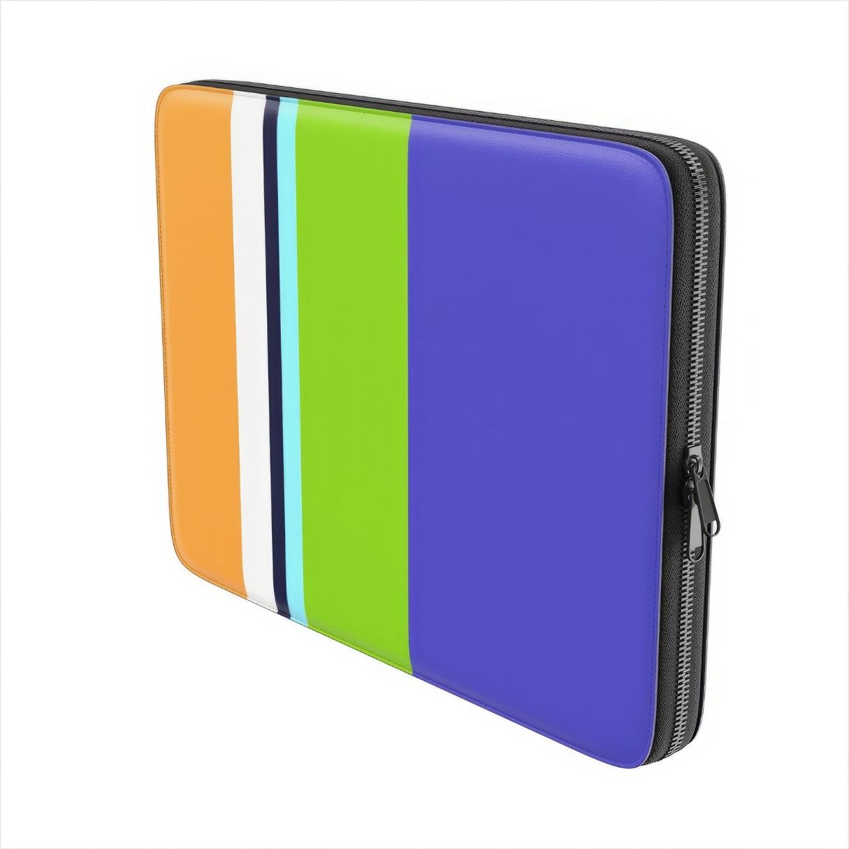 Laptop Sleeve with Color Blocks Coastline pattern design with a color blocks, featuring an elegant and expressive aesthetic design. Main colors are light green, violet and orange. Side view.