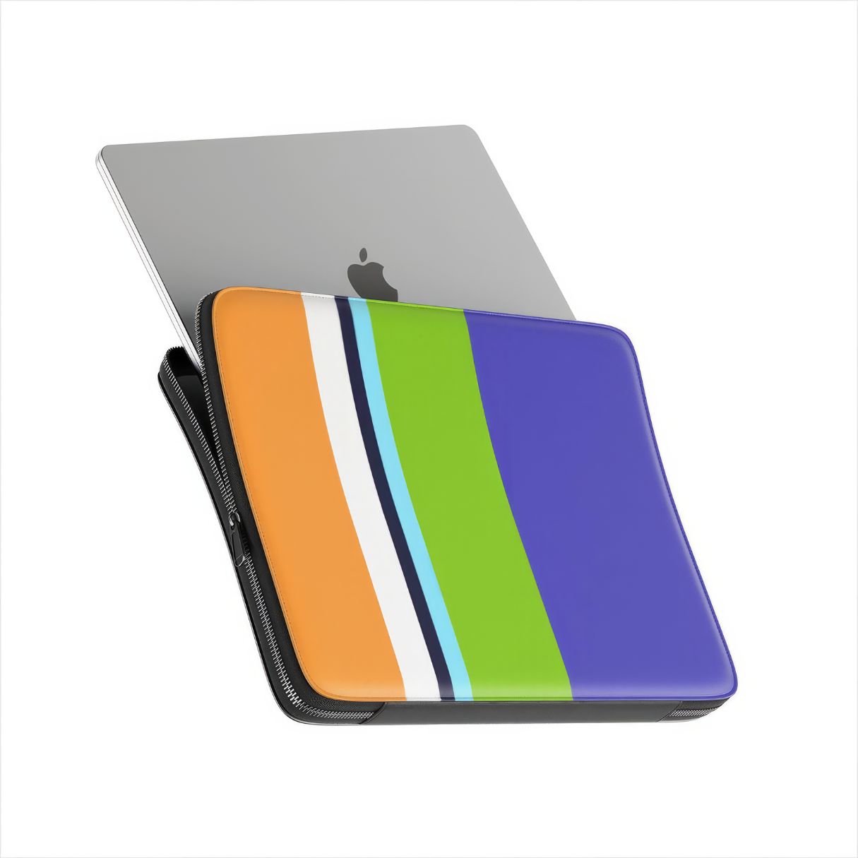 Laptop Sleeve with Color Blocks Coastline pattern design with a color blocks, featuring an elegant and expressive aesthetic design. Main colors are light green, violet and orange. Side view with device.