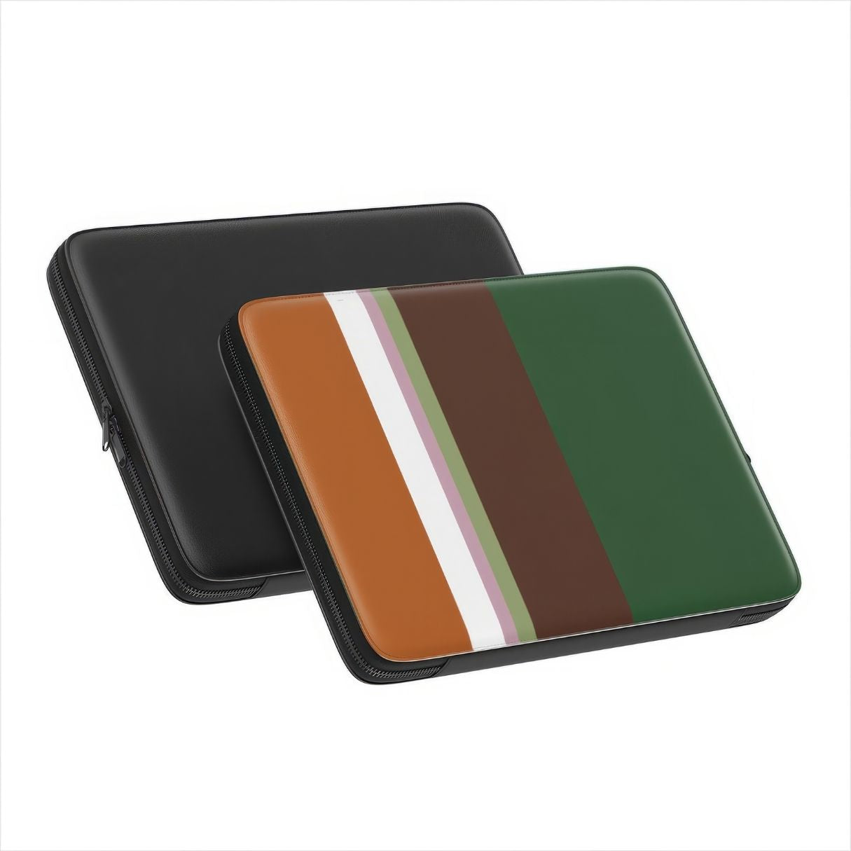 Laptop Sleeve with Color Blocks Forest pattern design with a color blocks, featuring an elegant and expressive aesthetic design. Main colors are caramel, chocolate brown, rich green. Front and back view.