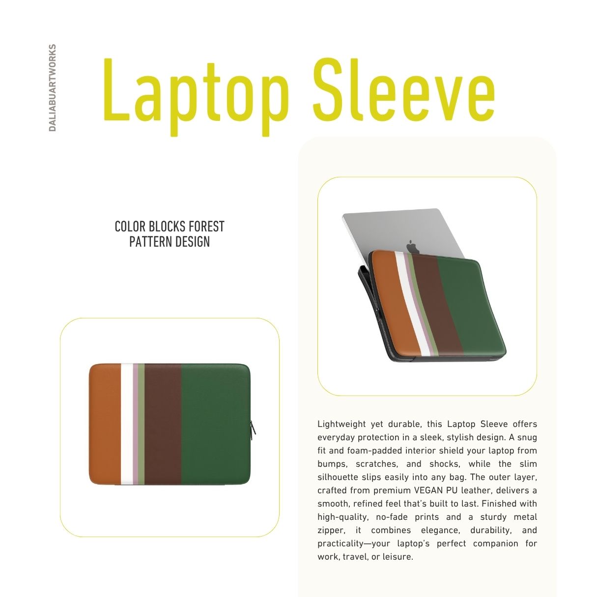 Laptop Sleeve with Color Blocks Forest pattern design with a color blocks, featuring an elegant and expressive aesthetic design. Main colors are caramel, chocolate brown, rich green. Description.