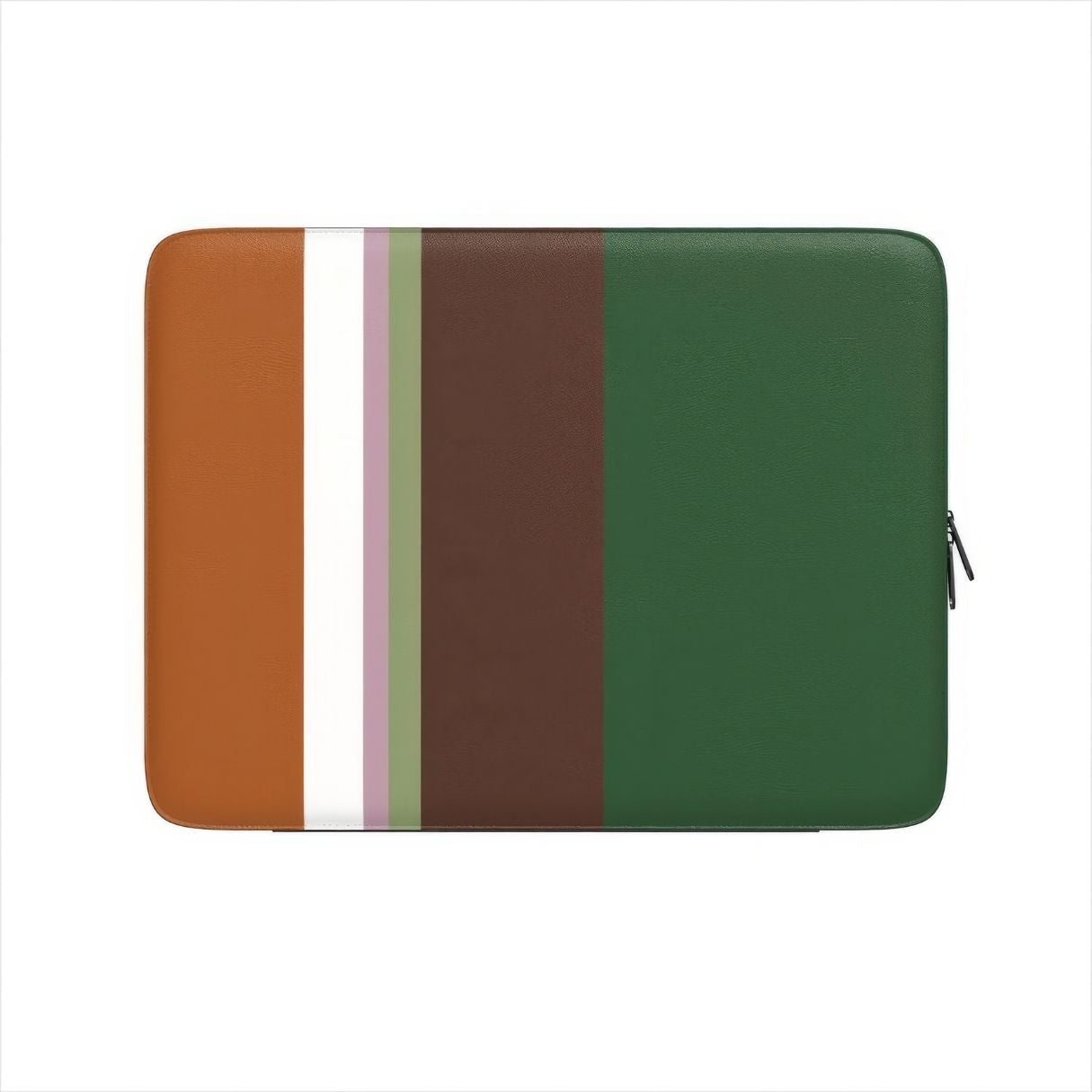 Laptop Sleeve with Color Blocks Forest pattern design with a color blocks, featuring an elegant and expressive aesthetic design. Main colors are caramel, chocolate brown, rich green. Front view.