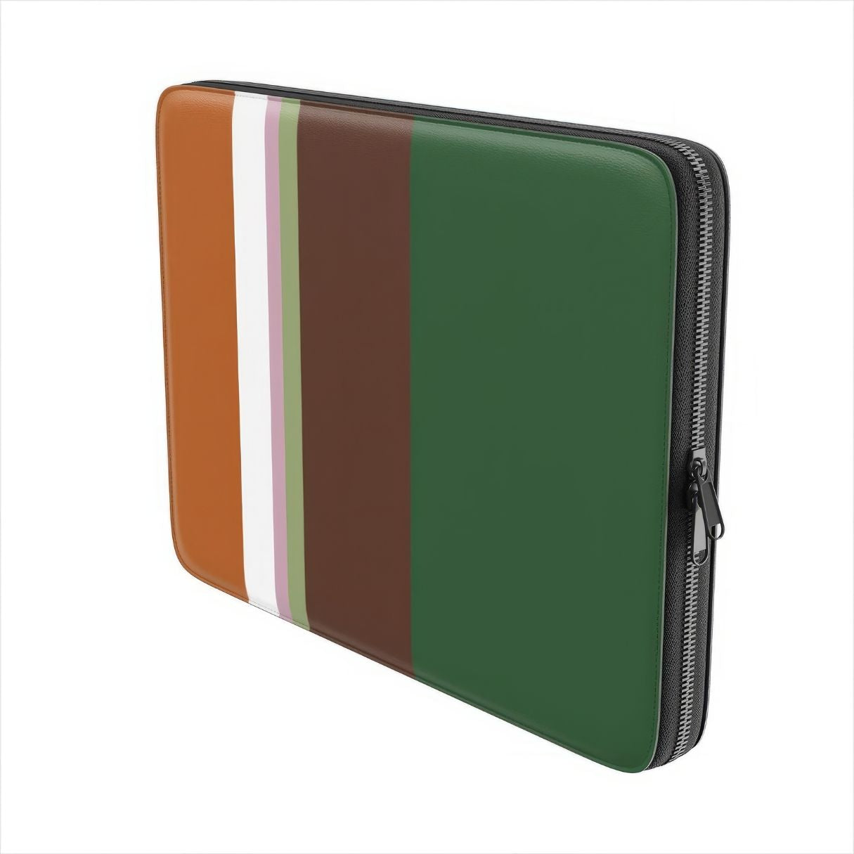 Laptop Sleeve with Color Blocks Forest pattern design with a color blocks, featuring an elegant and expressive aesthetic design. Main colors are caramel, chocolate brown, rich green. Side view.