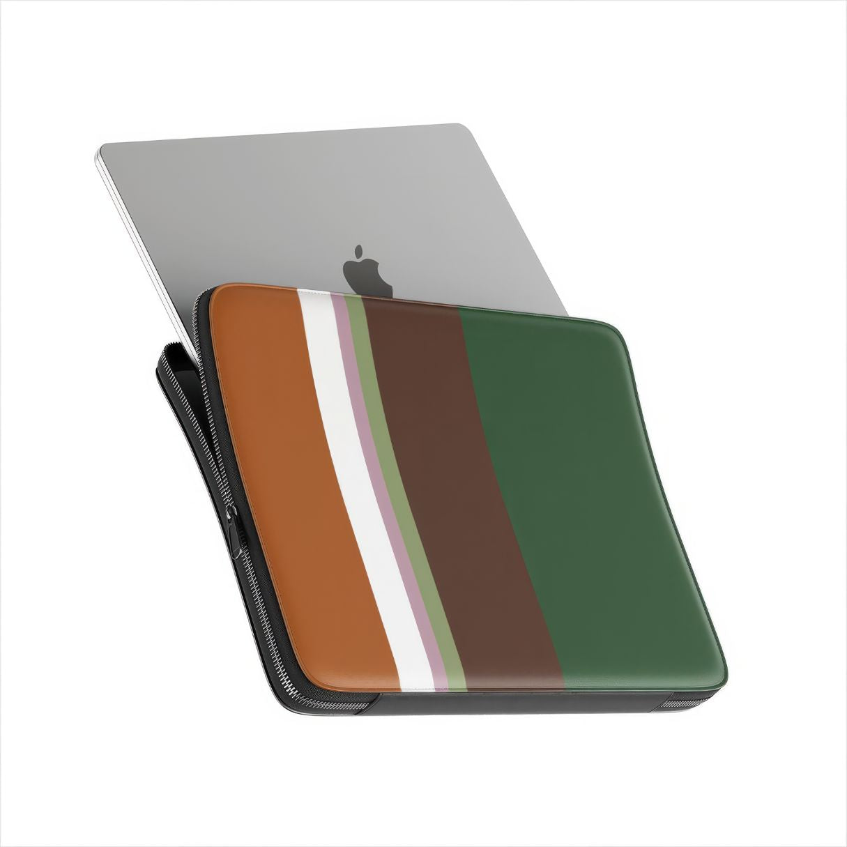 Laptop Sleeve with Color Blocks Forest pattern design with a color blocks, featuring an elegant and expressive aesthetic design. Main colors are caramel, chocolate brown, rich green. Side view with device.