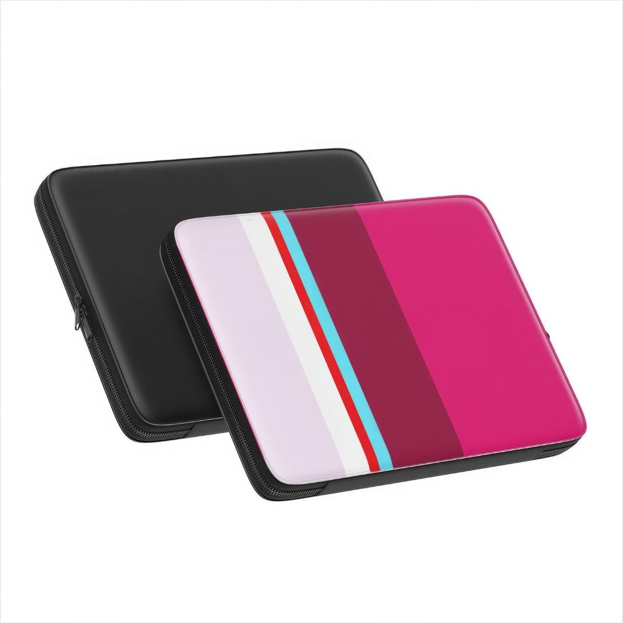 Laptop Sleeve with Color Blocks Fuchsia pattern design with a color blocks, featuring an elegant and expressive aesthetic design. Main colors are lilac, red, passion pink and fuchsia. Front and back view.