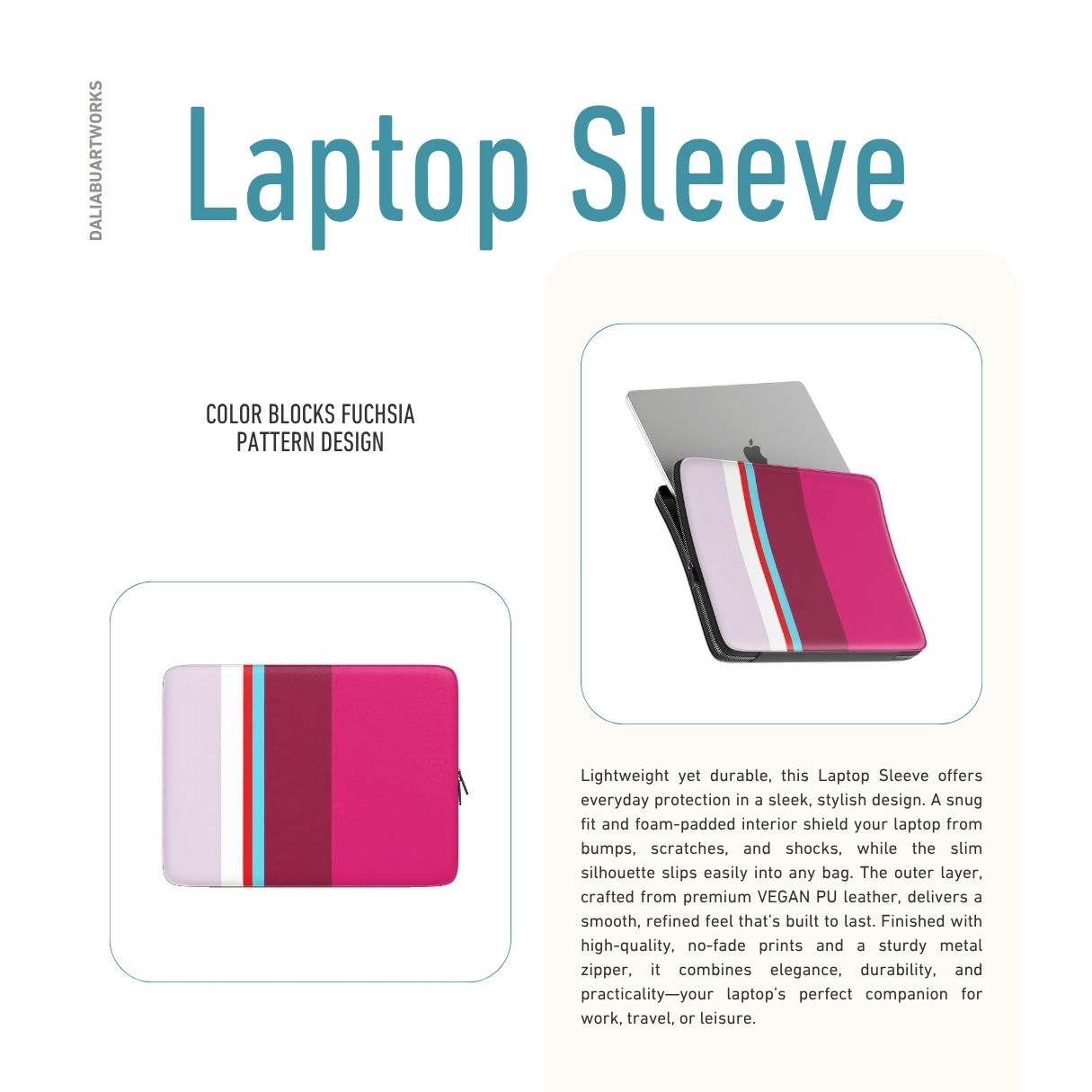 Laptop Sleeve with Color Blocks Fuchsia pattern design with a color blocks, featuring an elegant and expressive aesthetic design. Main colors are lilac, red, passion pink and fuchsia. Description.