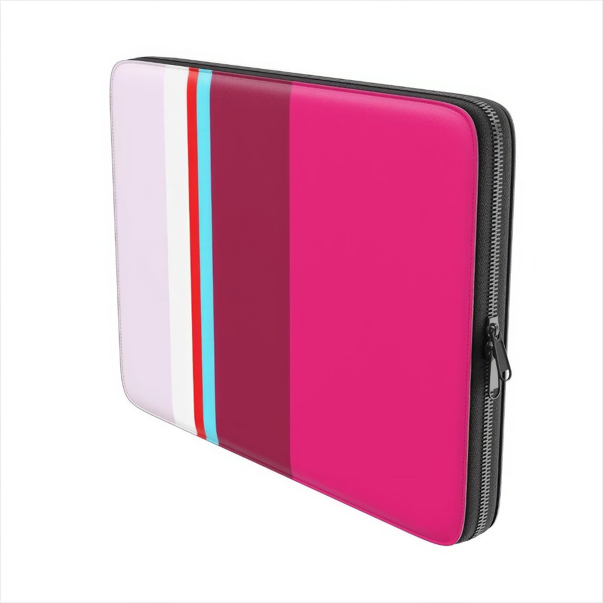 Laptop Sleeve with Color Blocks Fuchsia pattern design with a color blocks, featuring an elegant and expressive aesthetic design. Main colors are lilac, red, passion pink and fuchsia. Side view.