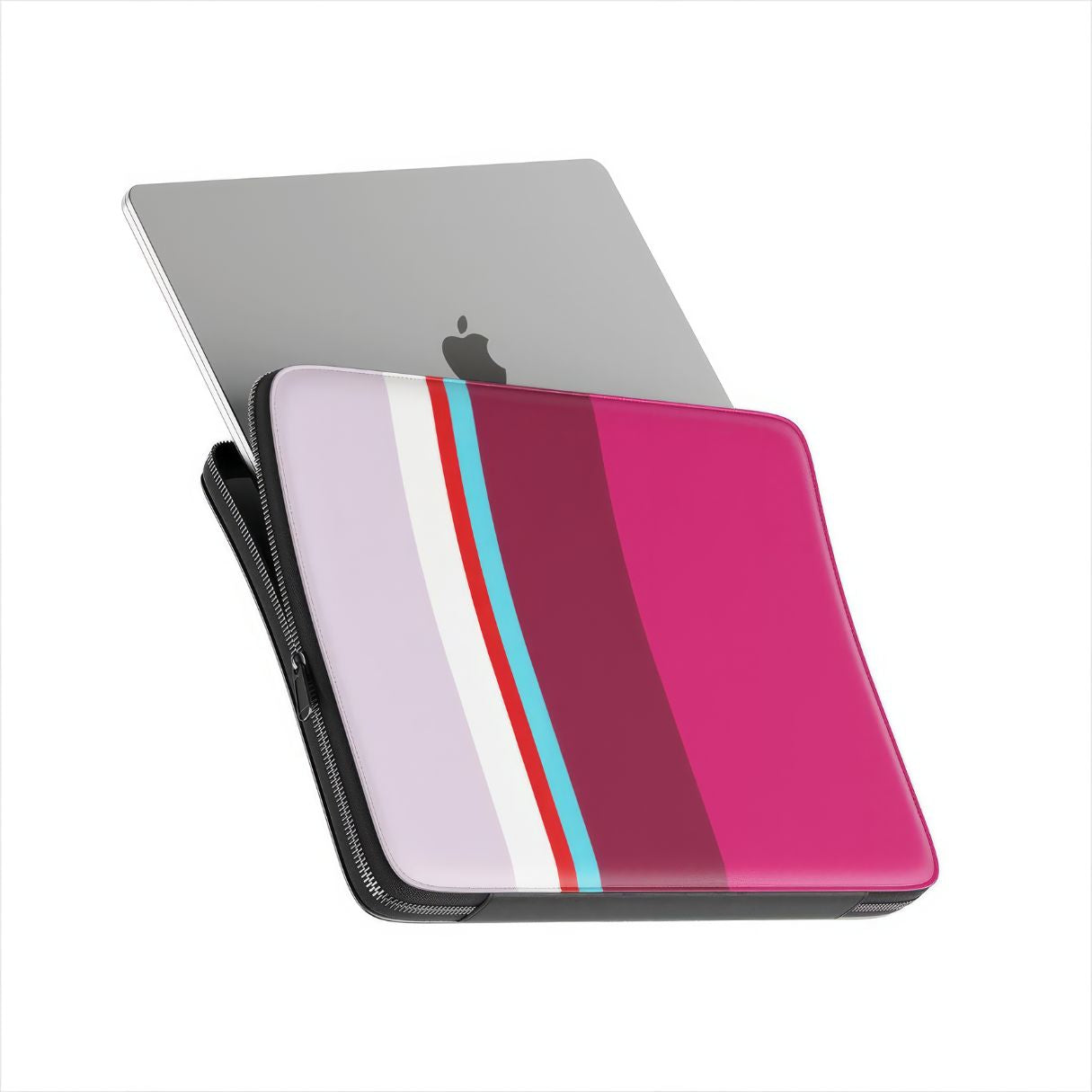 Laptop Sleeve with Color Blocks Fuchsia pattern design with a color blocks, featuring an elegant and expressive aesthetic design. Main colors are lilac, red, passion pink and fuchsia. Side view with device.