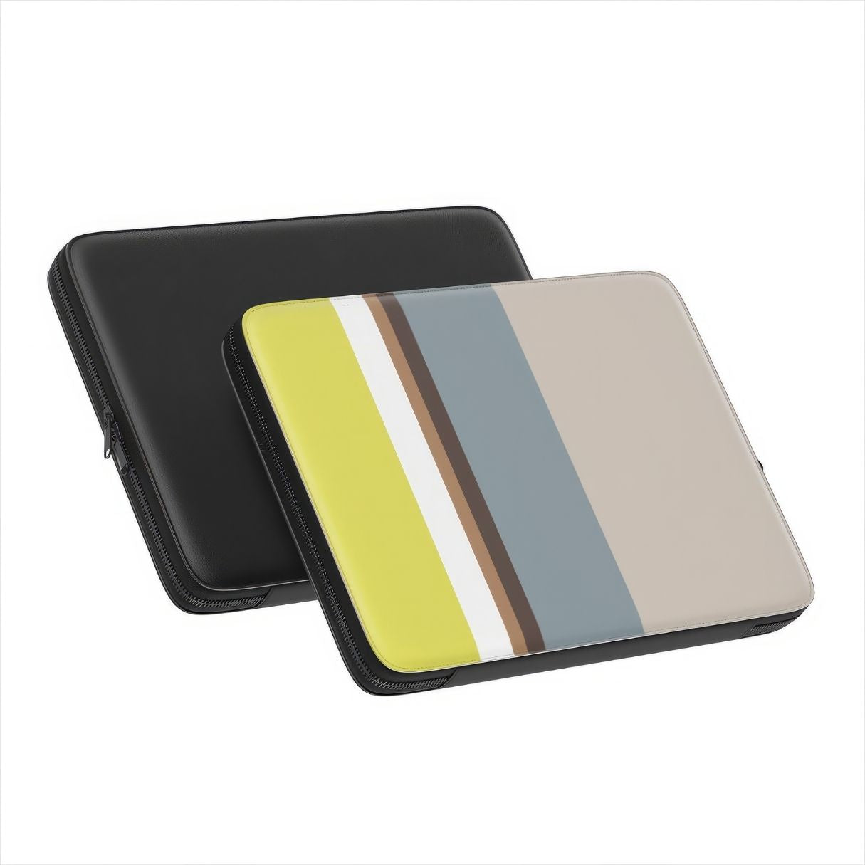 Laptop Sleeve with Color Blocks Grey pattern design with a color blocks, featuring an elegant and expressive aesthetic design. Main colors are caramel, chocolate brown, yellow and gray. Front and back view.