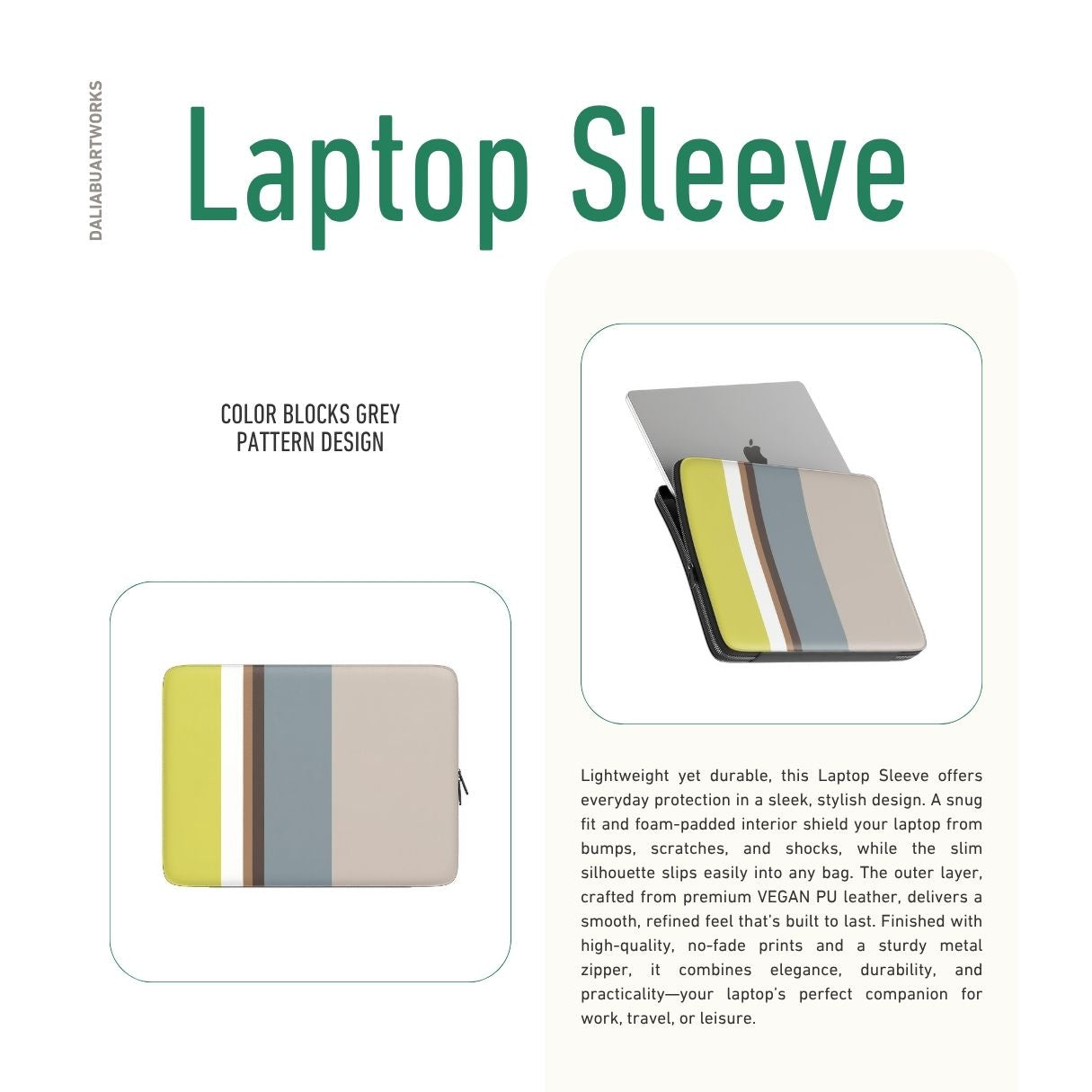 Laptop Sleeve with Color Blocks Grey pattern design with a color blocks, featuring an elegant and expressive aesthetic design. Main colors are caramel, chocolate brown, yellow and gray. Description.
