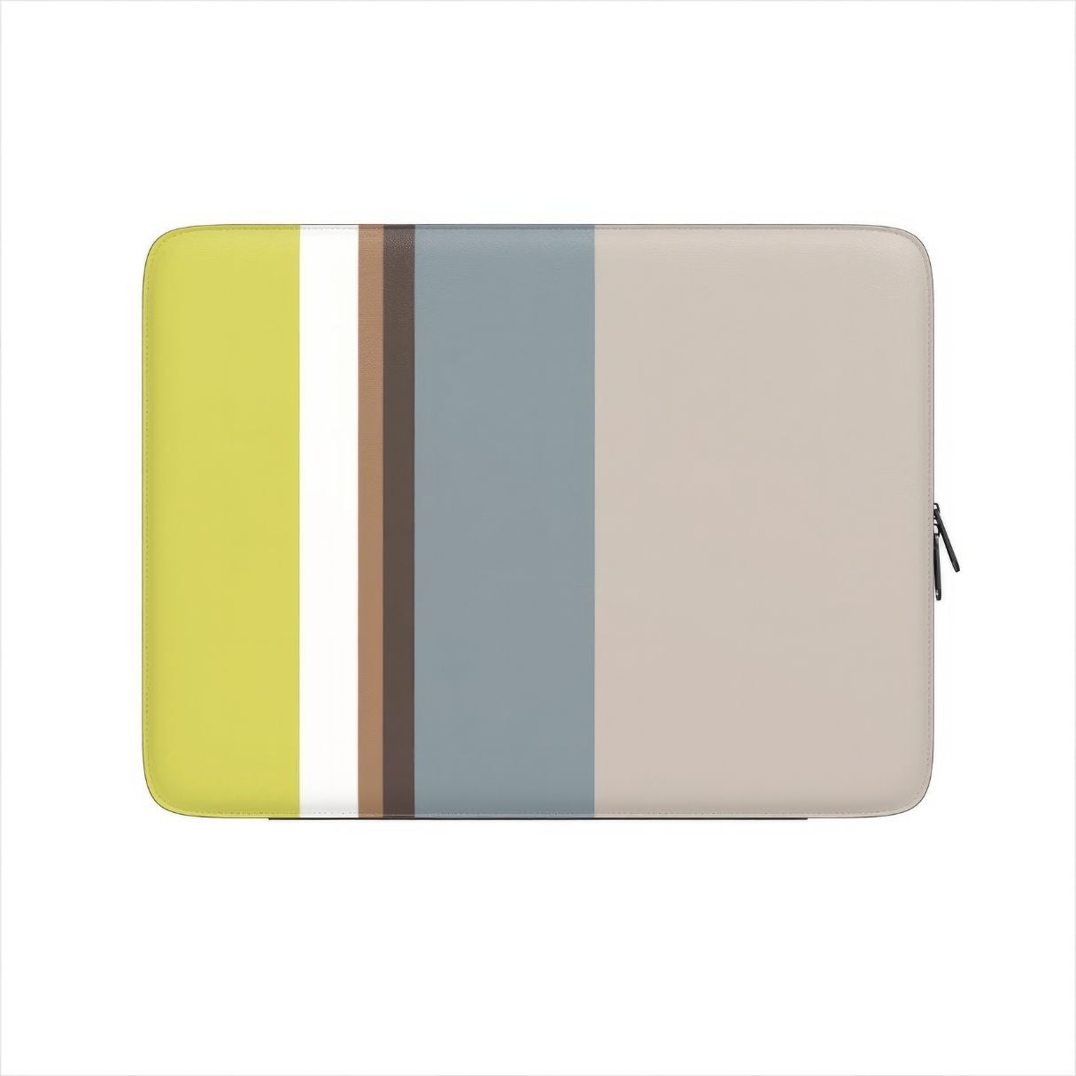 Laptop Sleeve with Color Blocks Grey pattern design with a color blocks, featuring an elegant and expressive aesthetic design. Main colors are caramel, chocolate brown, yellow and gray. Front view.