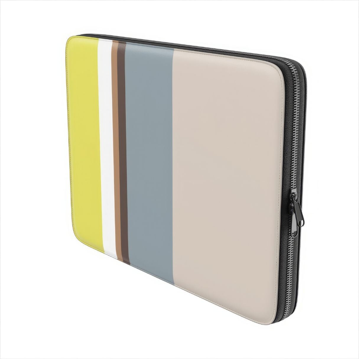 Laptop Sleeve with Color Blocks Grey pattern design with a color blocks, featuring an elegant and expressive aesthetic design. Main colors are caramel, chocolate brown, yellow and gray. Side view.