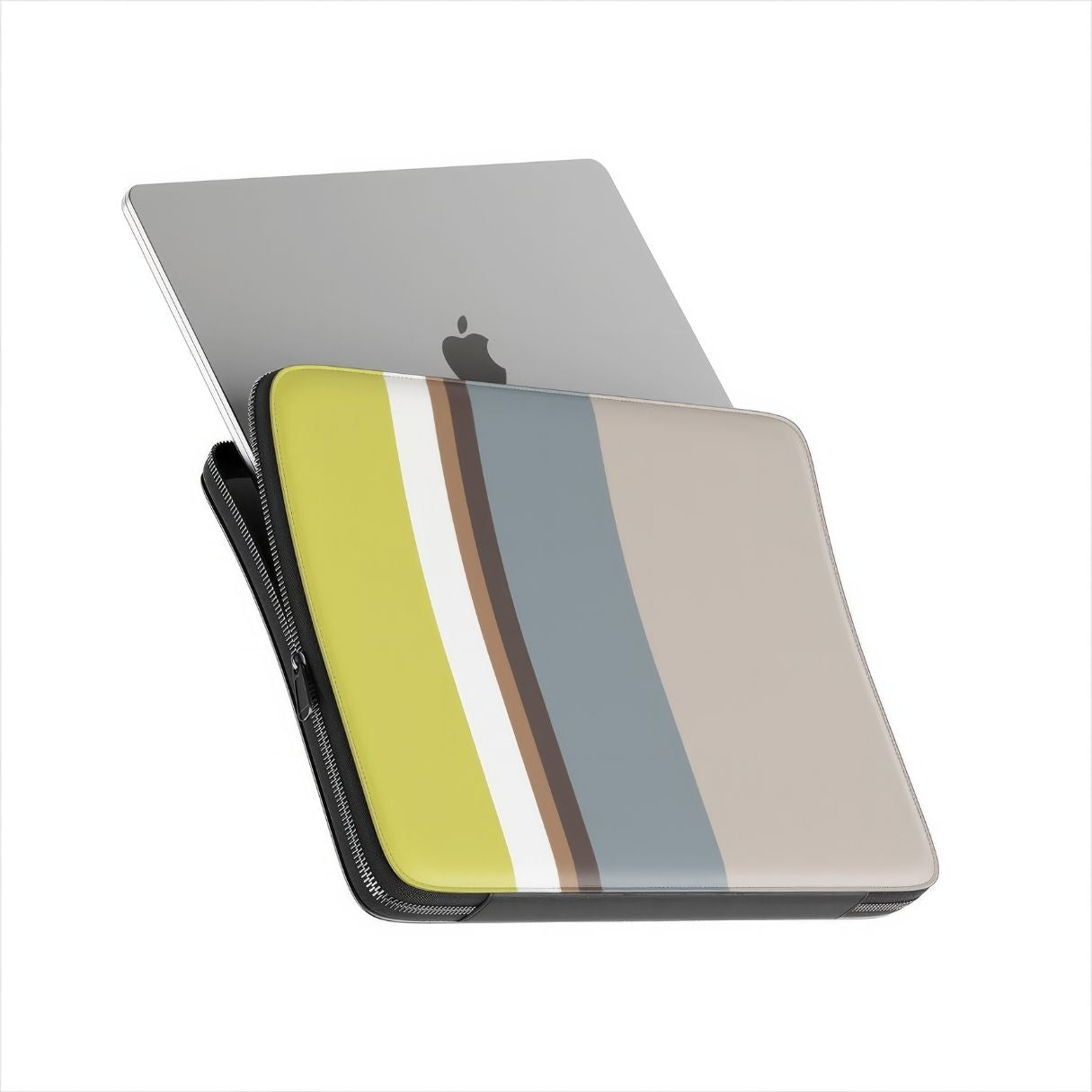 Laptop Sleeve with Color Blocks Grey pattern design with a color blocks, featuring an elegant and expressive aesthetic design. Main colors are caramel, chocolate brown, yellow and gray. Side view with device.