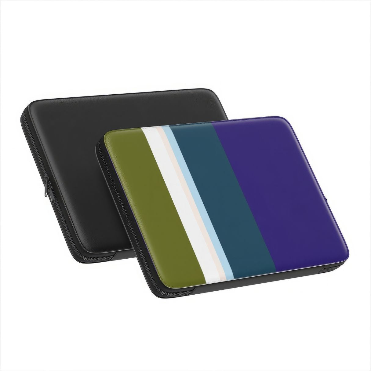 Laptop Sleeve with Color Blocks Navy pattern design with a color blocks, featuring an elegant and expressive aesthetic design. Main colors are khaki, navy blue, deep marine, light blue and pink. Front and back view.