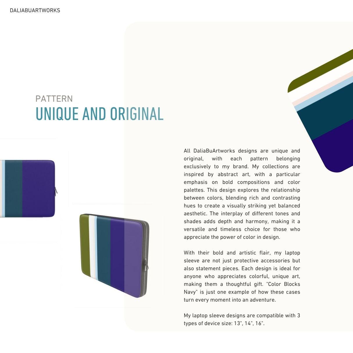 Laptop Sleeve with Color Blocks Navy pattern design with a color blocks, featuring an elegant and expressive aesthetic design. Main colors are khaki, navy blue, deep marine, light blue and pink. Description.