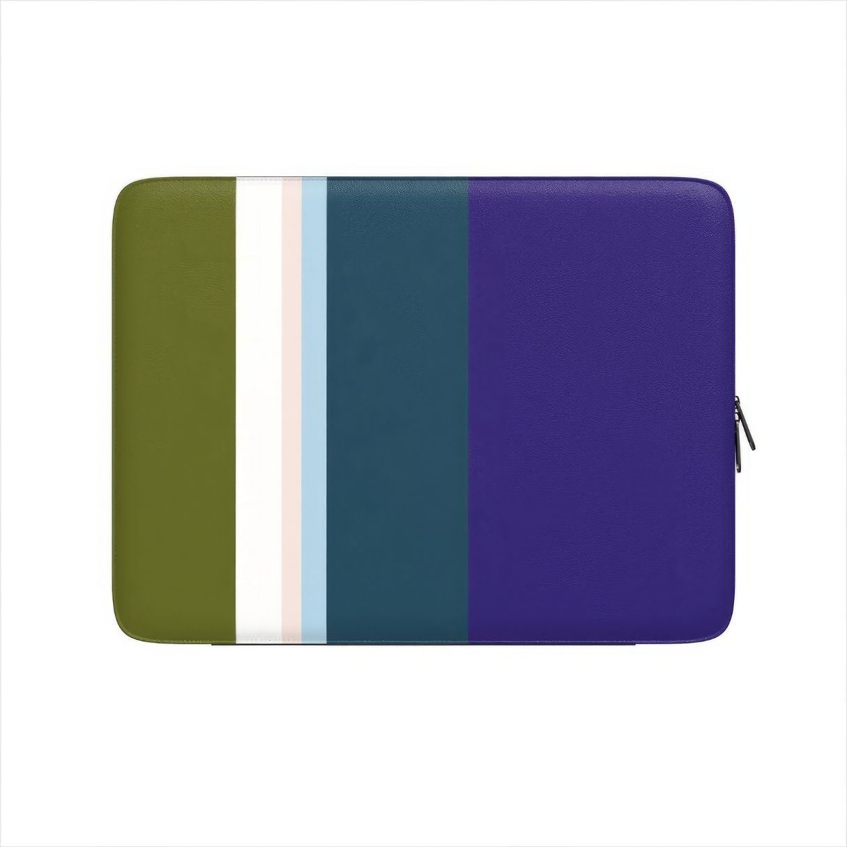 Laptop Sleeve with Color Blocks Navy pattern design with a color blocks, featuring an elegant and expressive aesthetic design. Main colors are khaki, navy blue, deep marine, light blue and pink. Front view.