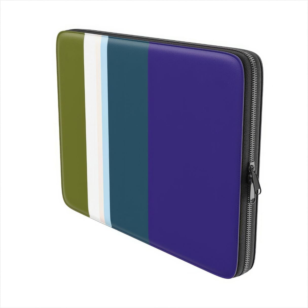 Laptop Sleeve with Color Blocks Navy pattern design with a color blocks, featuring an elegant and expressive aesthetic design. Main colors are khaki, navy blue, deep marine, light blue and pink. Side view.