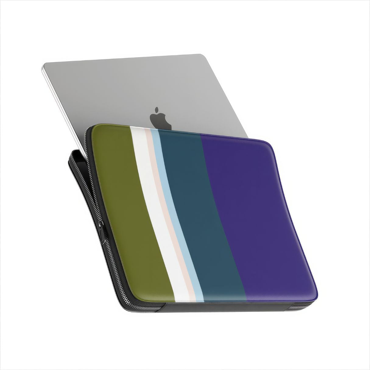 Laptop Sleeve with Color Blocks Navy pattern design with a color blocks, featuring an elegant and expressive aesthetic design. Main colors are khaki, navy blue, deep marine, light blue and pink. Side view with device.