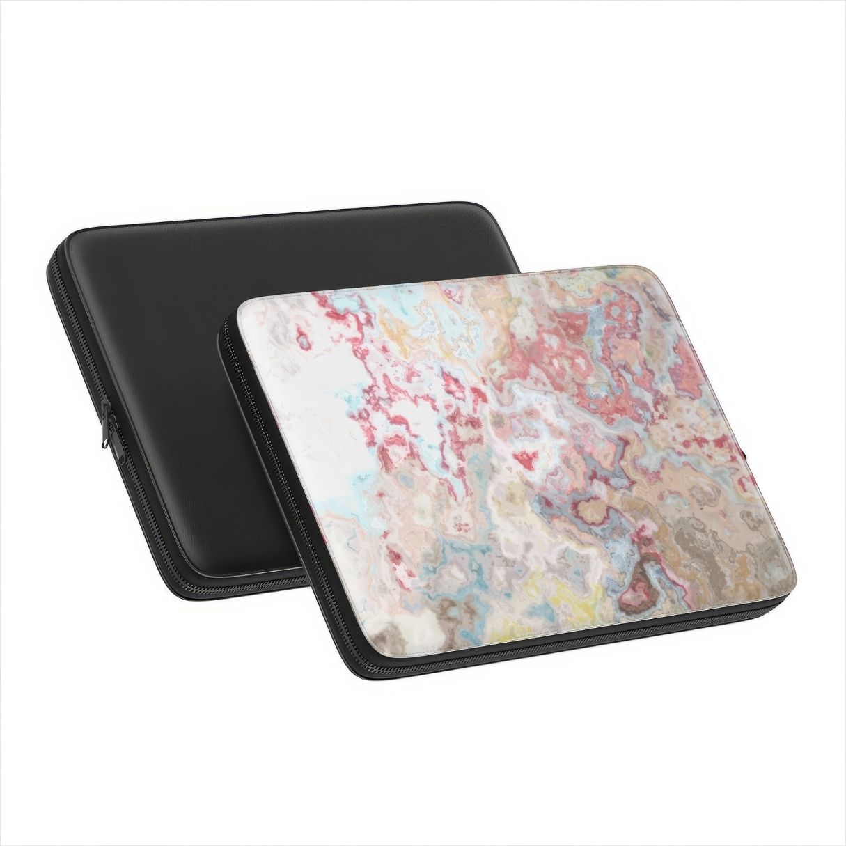 Laptop Sleeve with Divine Blue pattern, artistic, abstract marble pattern. Pink and light blue color combination. Bold expressive aesthetic design. Colorful and interior fit. Side and back view.