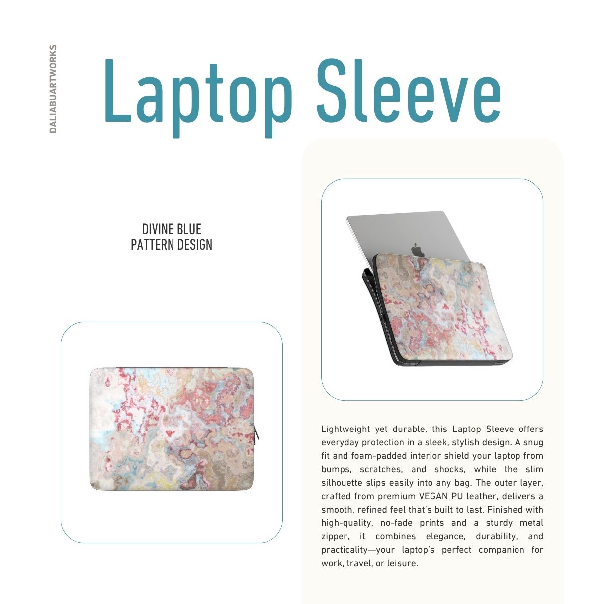 Laptop Sleeve with Divine Blue pattern, artistic, abstract marble pattern. Pink and light blue color combination. Bold expressive aesthetic design. Colorful and interior fit. Description.