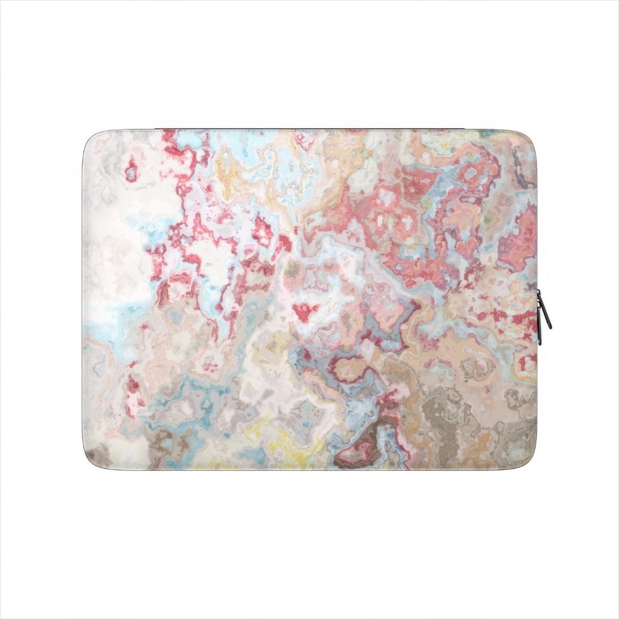 Laptop Sleeve with Divine Blue pattern, artistic, abstract marble pattern. Pink and light blue color combination. Bold expressive aesthetic design. Colorful and interior fit. Front view.