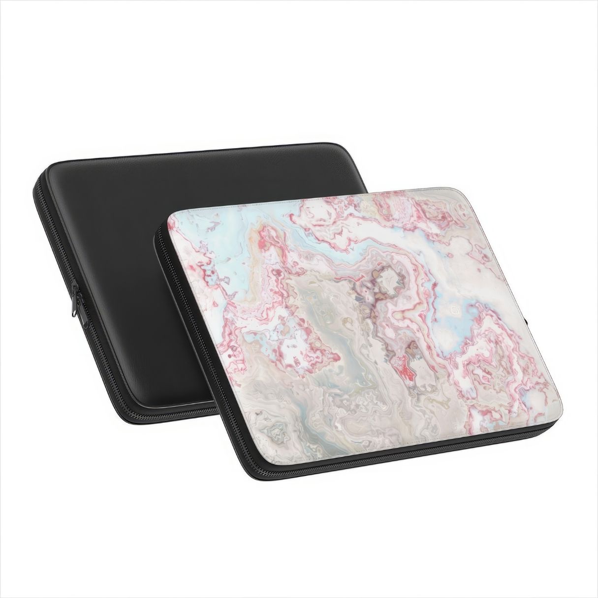 Laptop Sleeve with Divine Blue River pattern, artistic, abstract marble pattern. Light blue and pink color combination. Bold expressive aesthetic design. Colorful and interior fit. Side and back view.