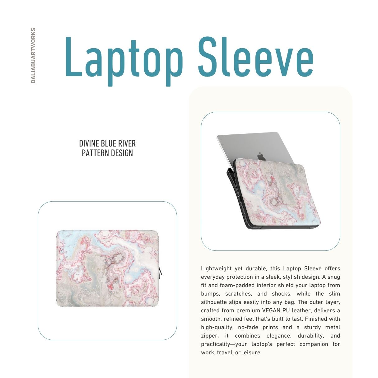 Laptop Sleeve with Divine Blue River pattern, artistic, abstract marble pattern. Light blue and pink color combination. Bold expressive aesthetic design. Colorful and interior fit. Description.