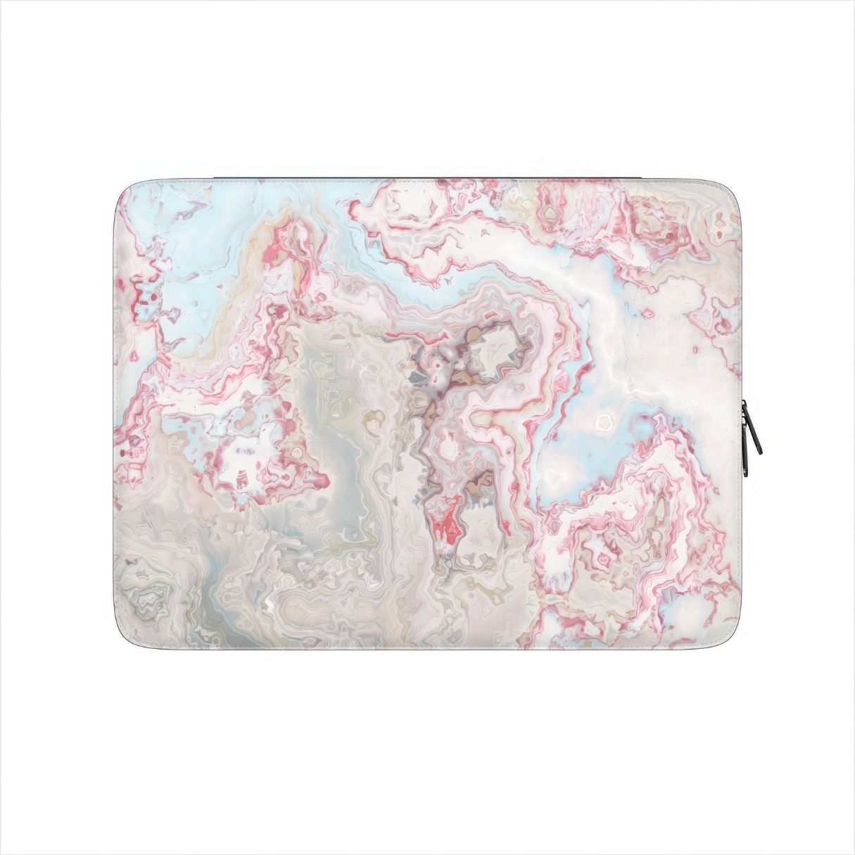 Laptop Sleeve with Divine Blue River pattern, artistic, abstract marble pattern. Light blue and pink color combination. Bold expressive aesthetic design. Colorful and interior fit. Front view.