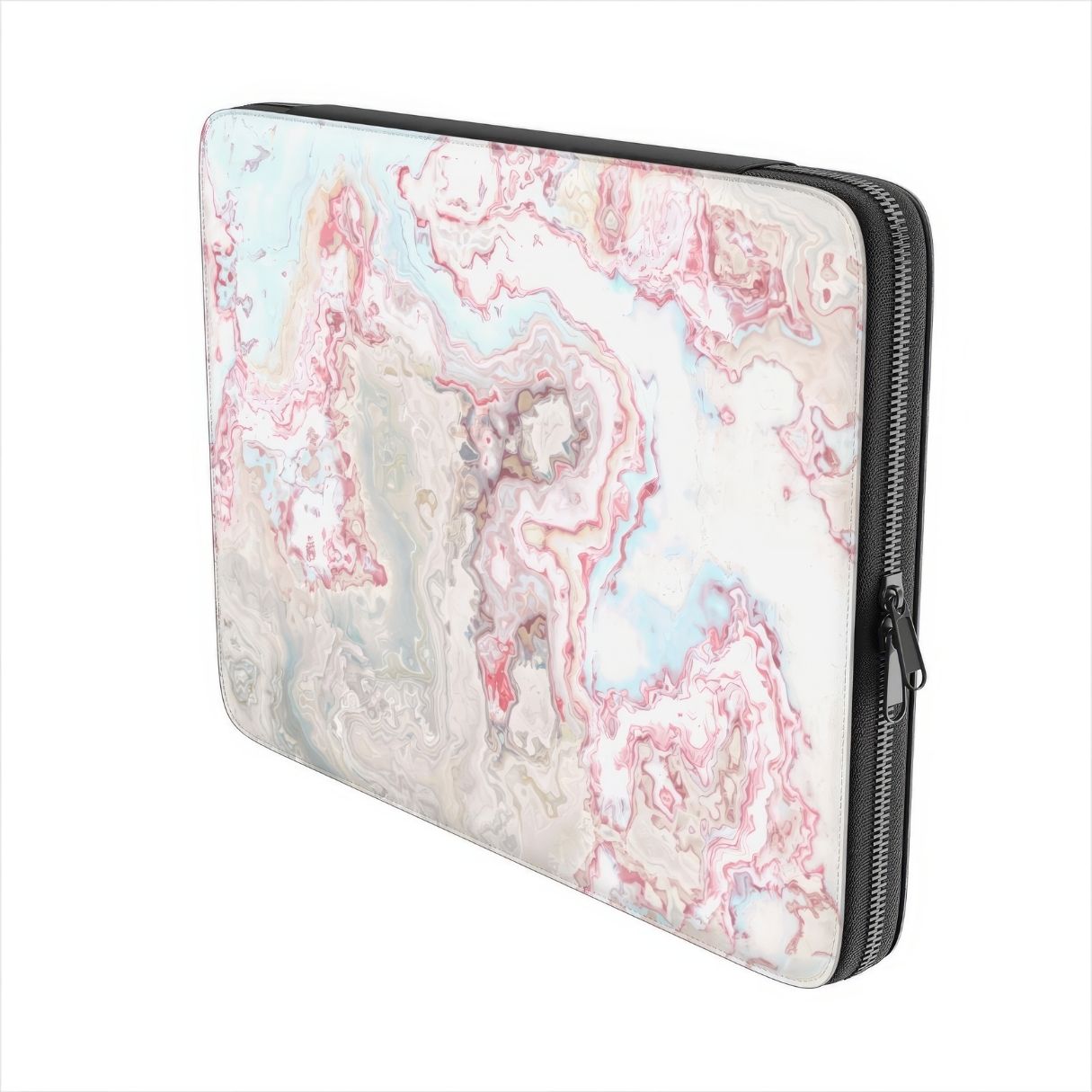 Laptop Sleeve with Divine Blue River pattern, artistic, abstract marble pattern. Light blue and pink color combination. Bold expressive aesthetic design. Colorful and interior fit. Side view.