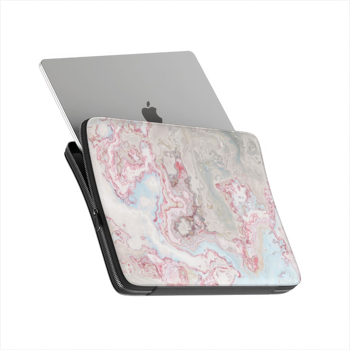 Laptop Sleeve with Divine Blue River pattern, artistic, abstract marble pattern. Light blue and pink color combination. Bold expressive aesthetic design. Colorful and interior fit. Side view with device.