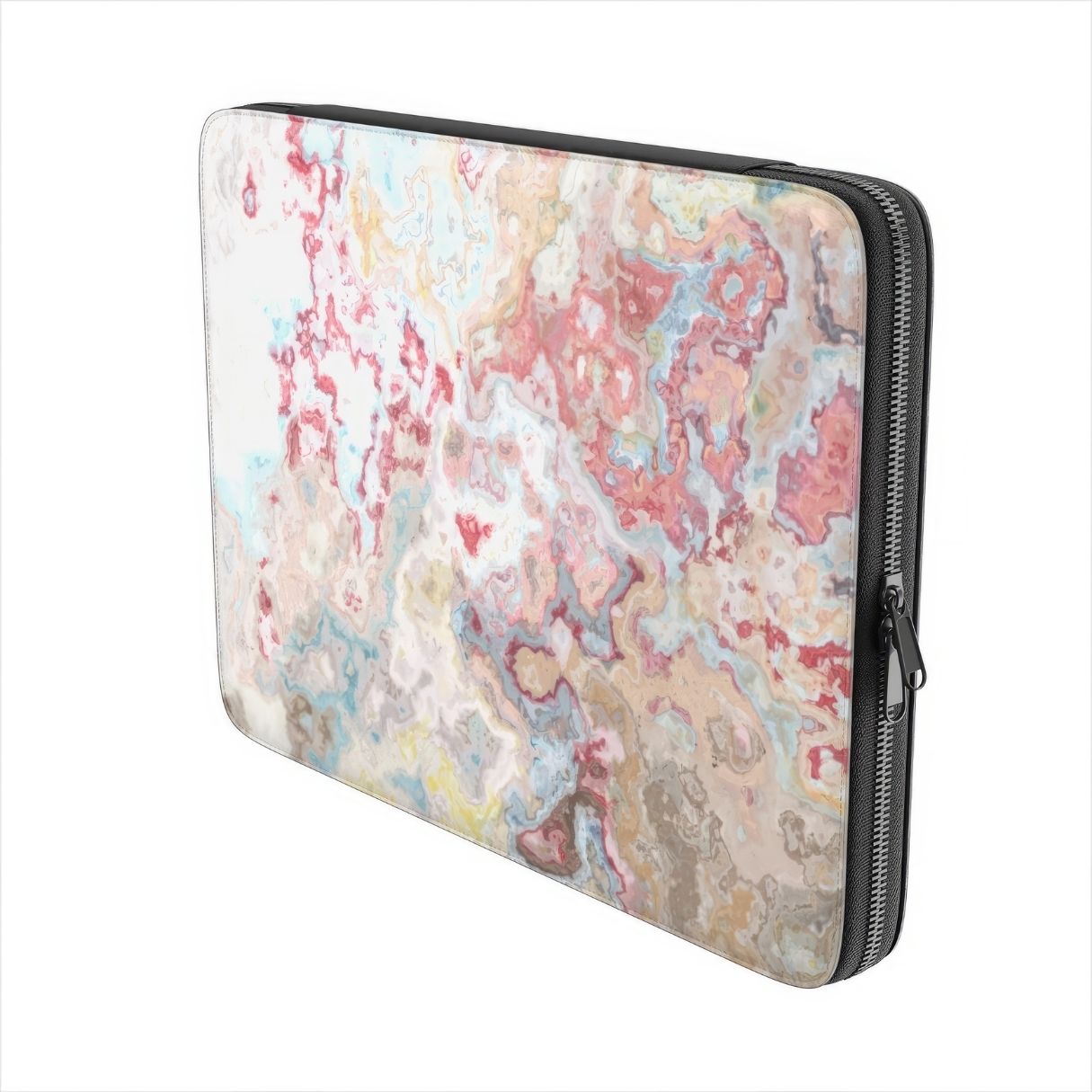 Laptop Sleeve with Divine Blue pattern, artistic, abstract marble pattern. Pink and light blue color combination. Bold expressive aesthetic design. Colorful and interior fit. Side view.