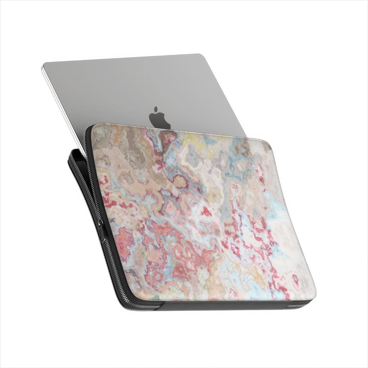 Laptop Sleeve with Divine Blue pattern, artistic, abstract marble pattern. Pink and light blue color combination. Bold expressive aesthetic design. Colorful and interior fit. Side view with laptop.