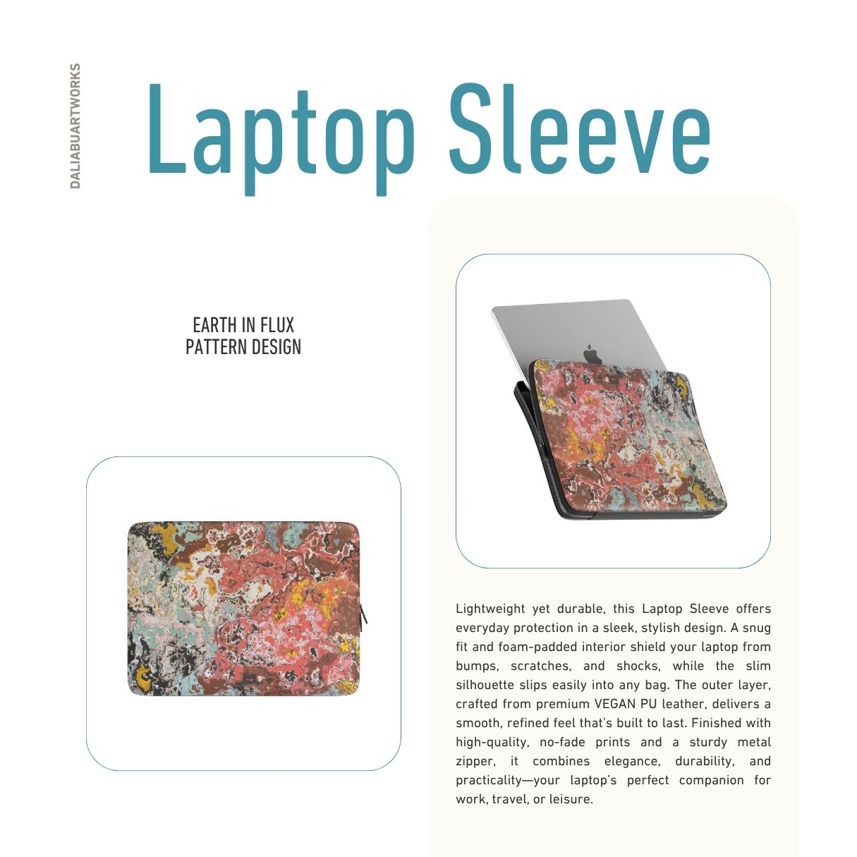 Laptop Sleeve description; Earth in Flux pattern, artistic, abstract marble pattern. Blue and brick red color combination.  Bold expressive aesthetic design. Colorful and interior fit.