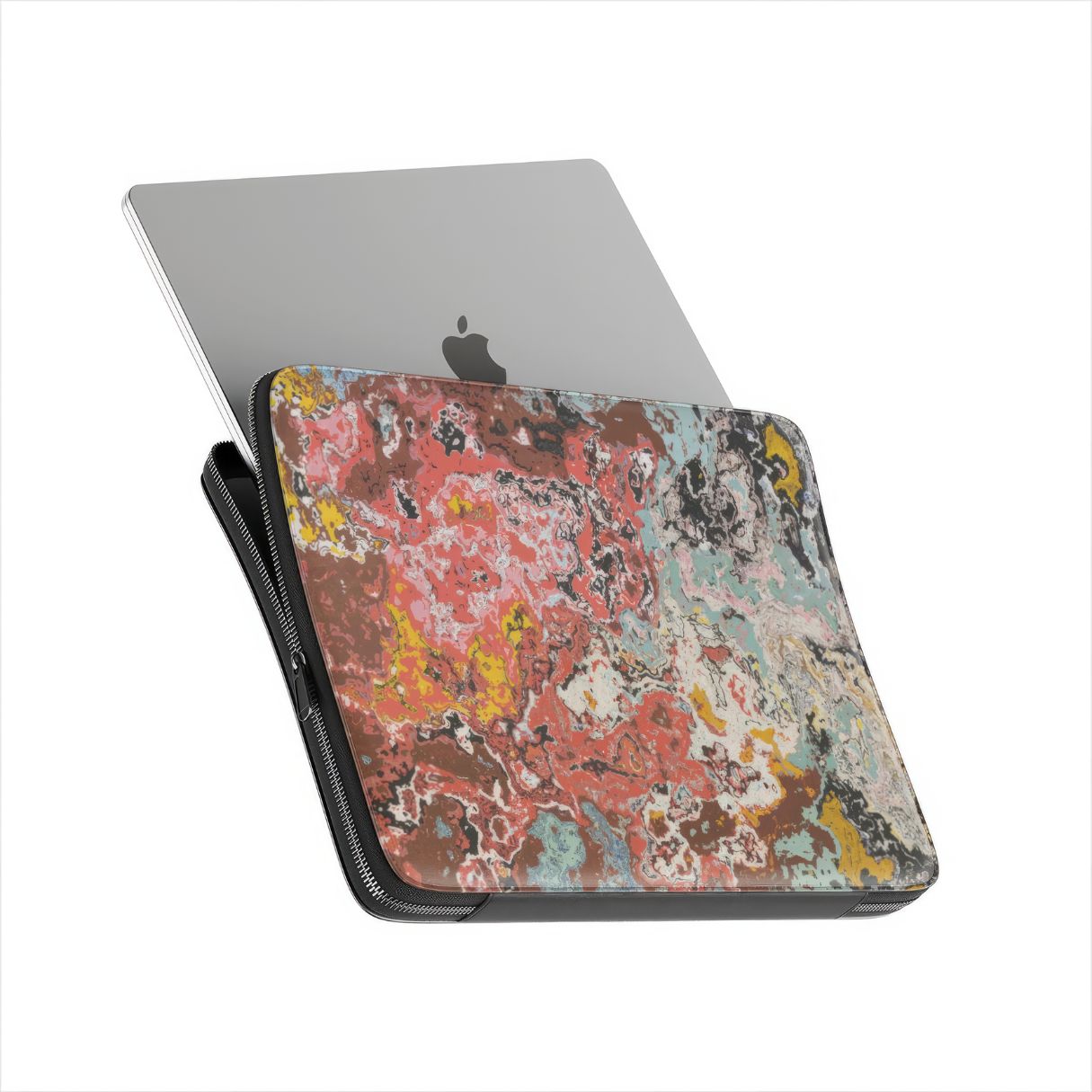 Laptop Sleeve side view with device; Earth in Flux pattern, artistic, abstract marble pattern. Blue and brick red color combination.  Bold expressive aesthetic design. Colorful and interior fit.