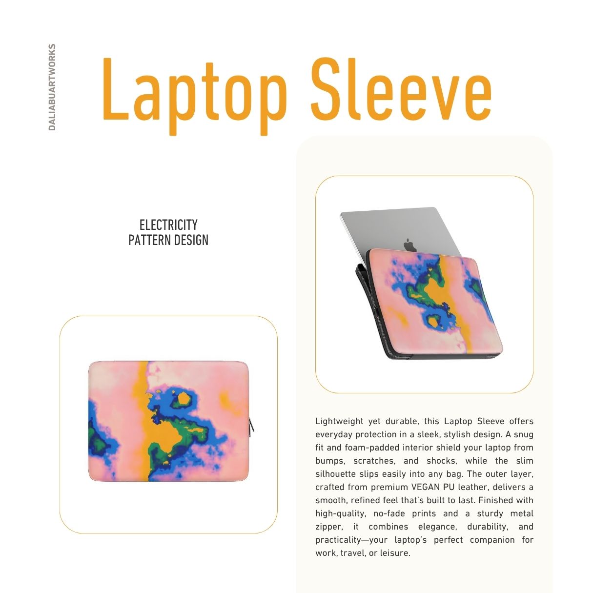 Laptop Sleeve description view; Electricity pattern, artistic, abstract marble pattern. Blue and orange color combination. Bold expressive aesthetic design. Colorful and interior fit.
