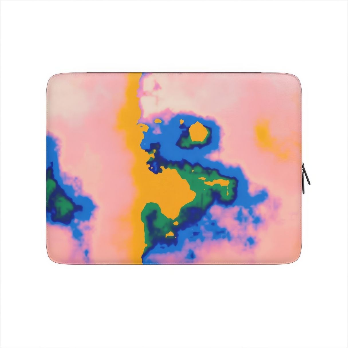 Laptop Sleeve front view; Electricity pattern, artistic, abstract marble pattern. Blue and orange color combination. Bold expressive aesthetic design. Colorful and interior fit.