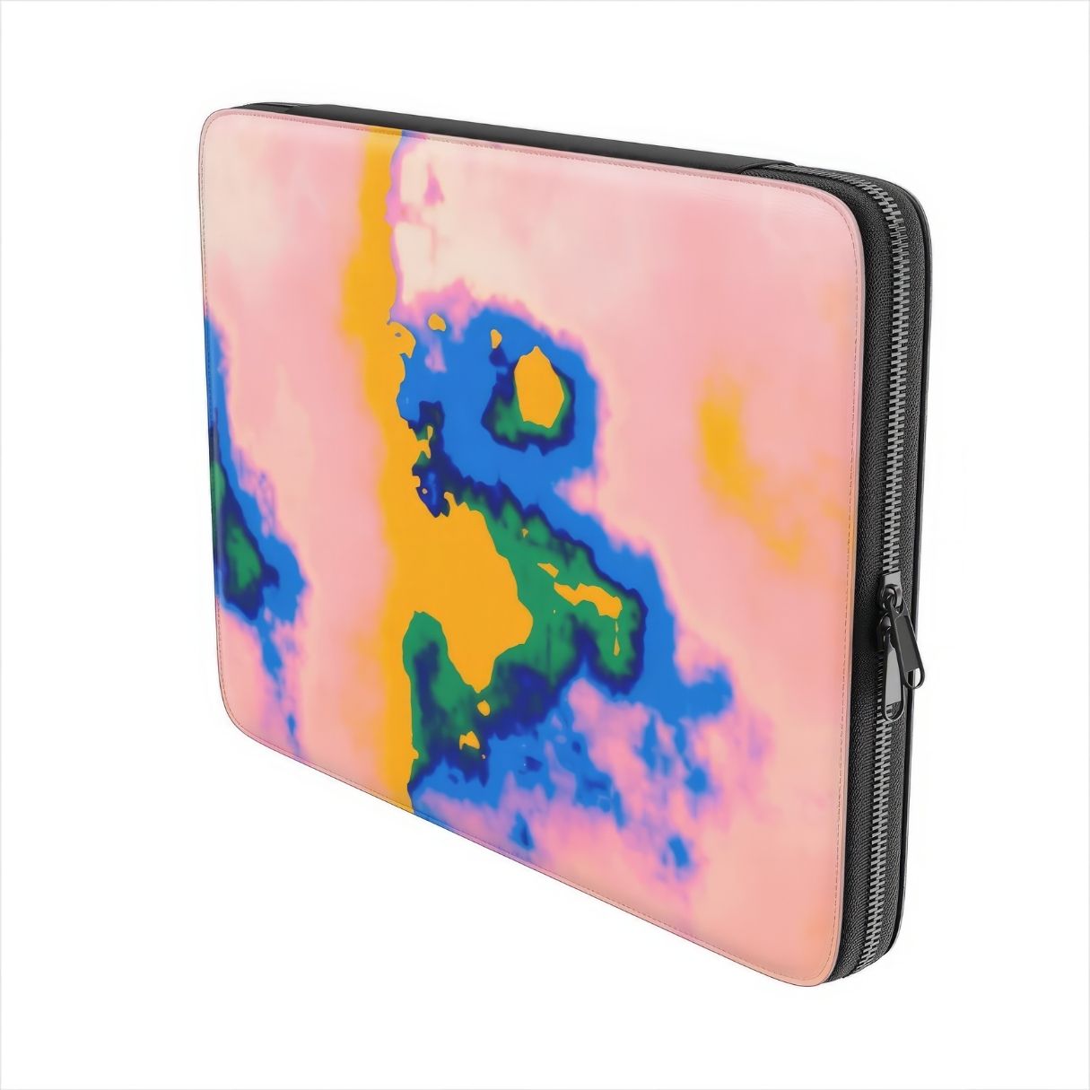 Laptop Sleeve side view; Electricity pattern, artistic, abstract marble pattern. Blue and orange color combination. Bold expressive aesthetic design. Colorful and interior fit.