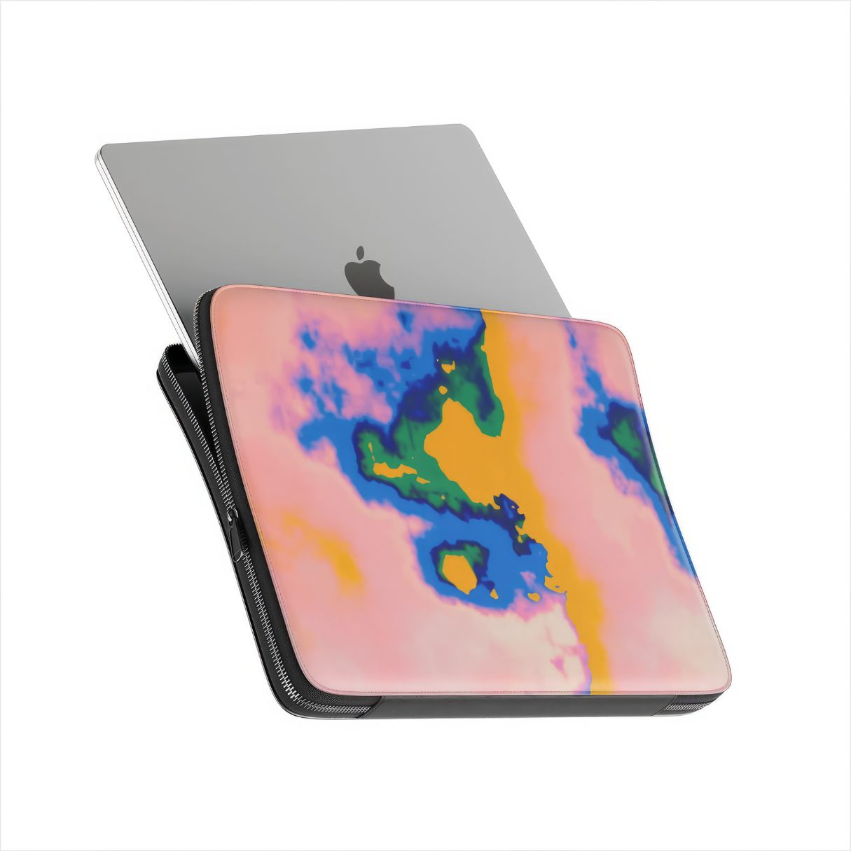 Laptop Sleeve side view with laptop; Electricity pattern, artistic, abstract marble pattern. Blue and orange color combination. Bold expressive aesthetic design. Colorful and interior fit.