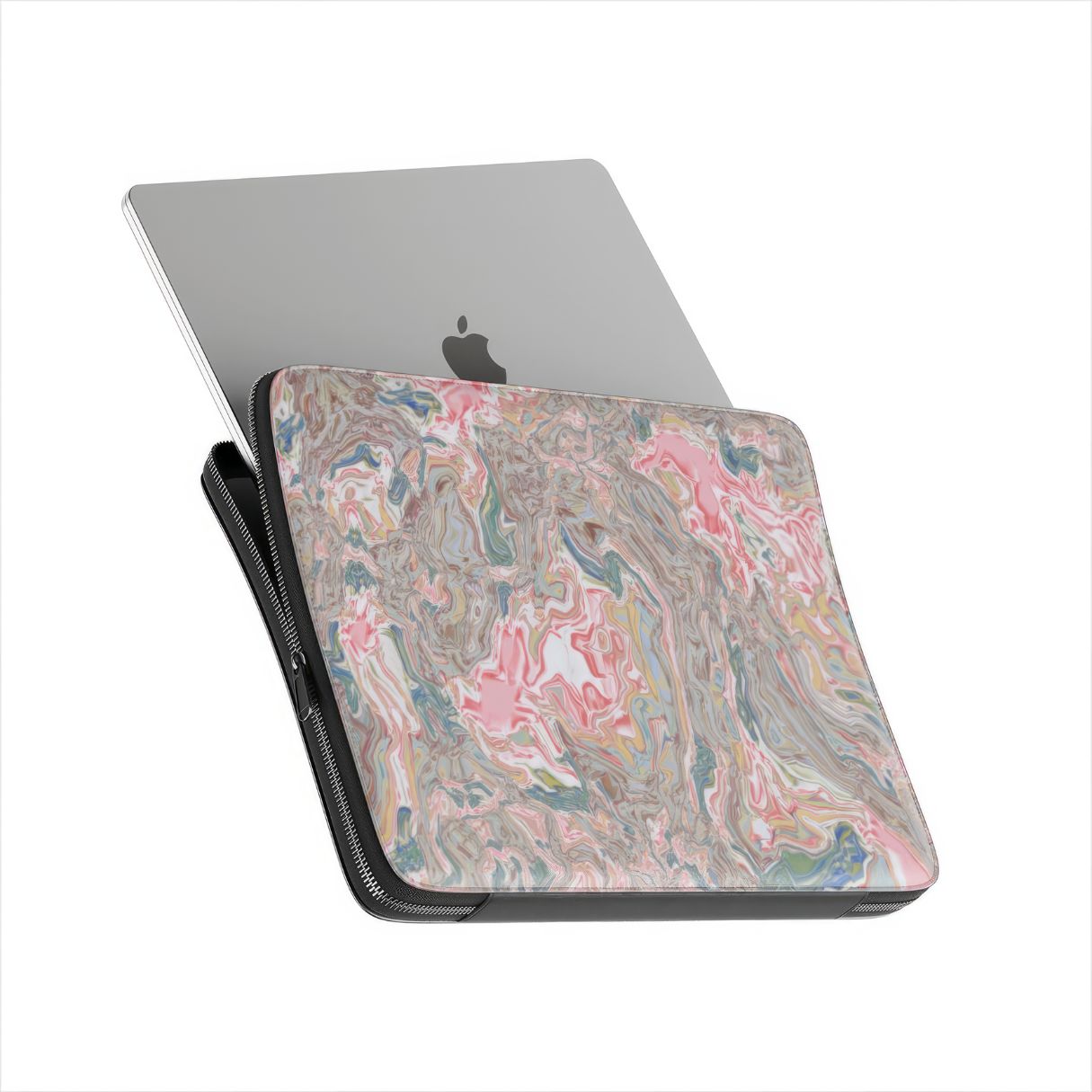 Laptop Sleeve side view with device; Feel Impress pattern, artistic, abstract marble pattern. Pastel blue, green and red color combination. Inspired by impressionist art. Bold expressive aesthetic design. Colorful and interior fit.