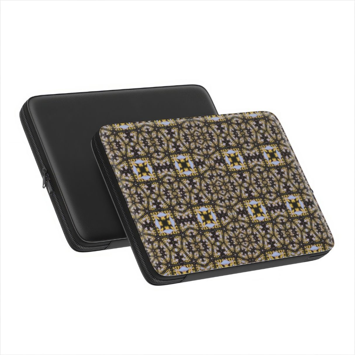 Laptop Sleeve with Fleurs Du Jardin pattern with geometric design, featuring an elegant and expressive aesthetic shape. Main colors are blue, yellow and dark purple. Front and back view.
