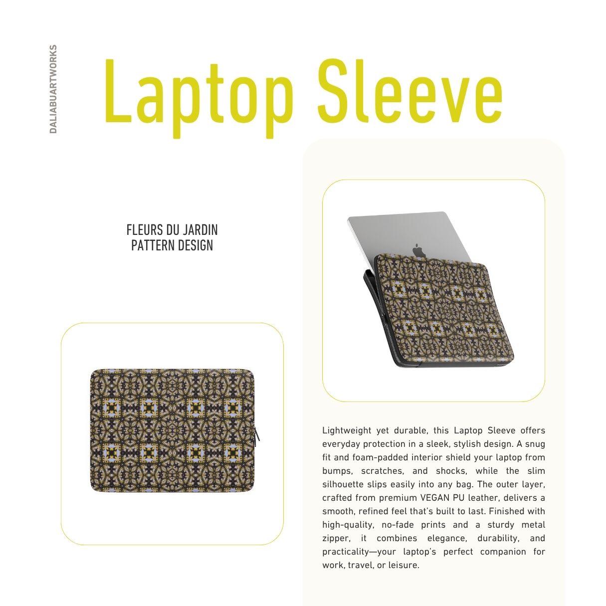 Laptop Sleeve with Fleurs Du Jardin pattern with geometric design, featuring an elegant and expressive aesthetic shape. Main colors are blue, yellow and dark purple. Description.