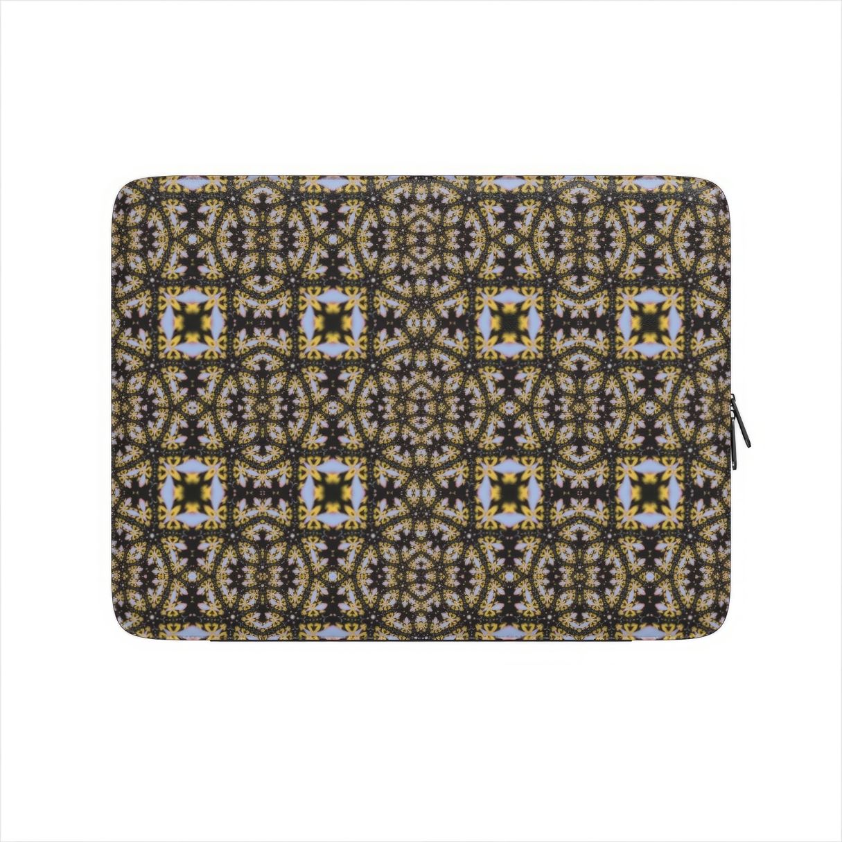 Laptop Sleeve with Fleurs Du Jardin pattern with geometric design, featuring an elegant and expressive aesthetic shape. Main colors are blue, yellow and dark purple. Front view.