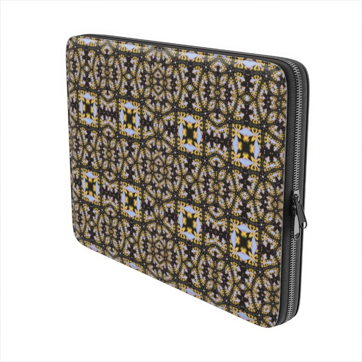 Laptop Sleeve with Fleurs Du Jardin pattern with geometric design, featuring an elegant and expressive aesthetic shape. Main colors are blue, yellow and dark purple. Side view.
