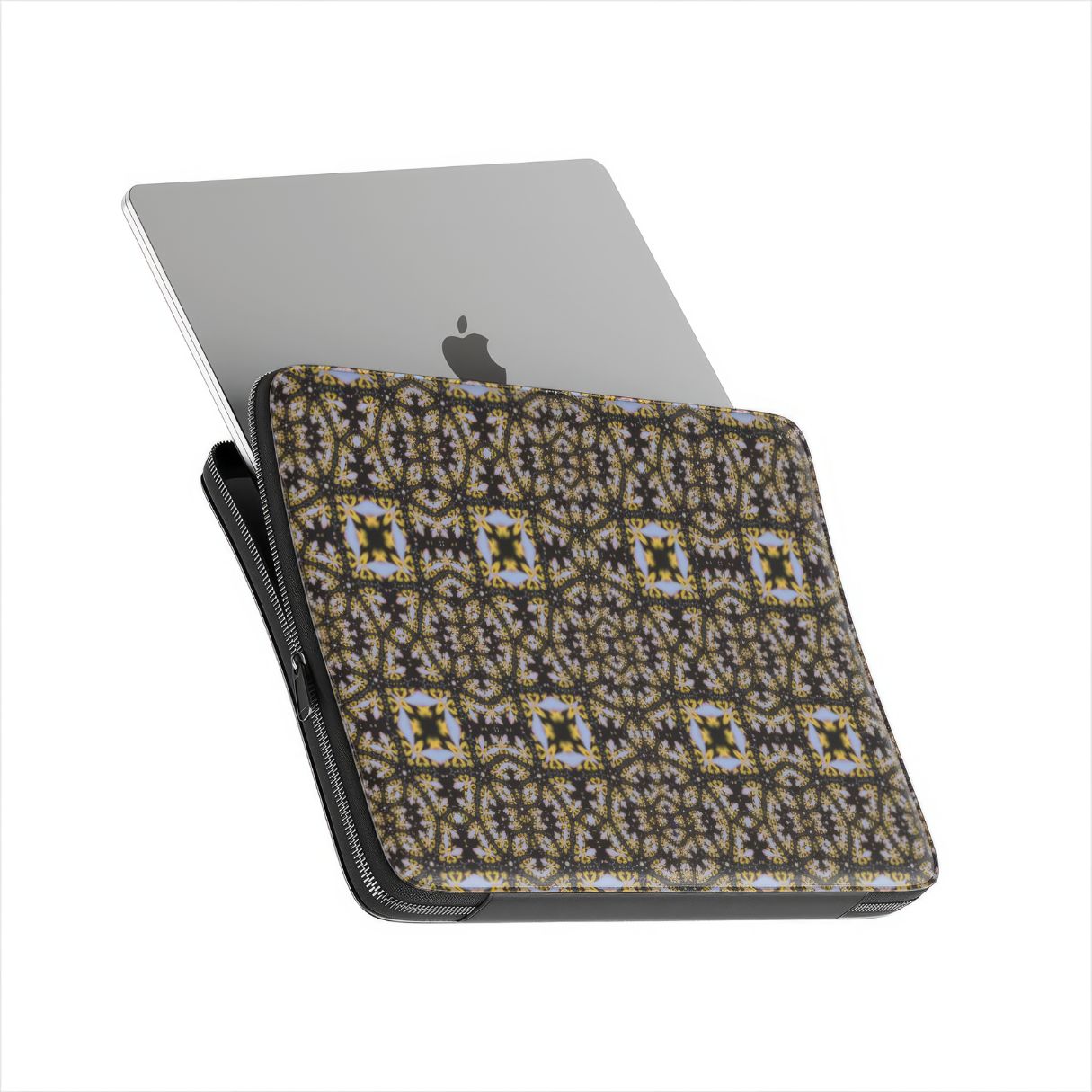 Laptop Sleeve with Fleurs Du Jardin pattern with geometric design, featuring an elegant and expressive aesthetic shape. Main colors are blue, yellow and dark purple. Side view with device.