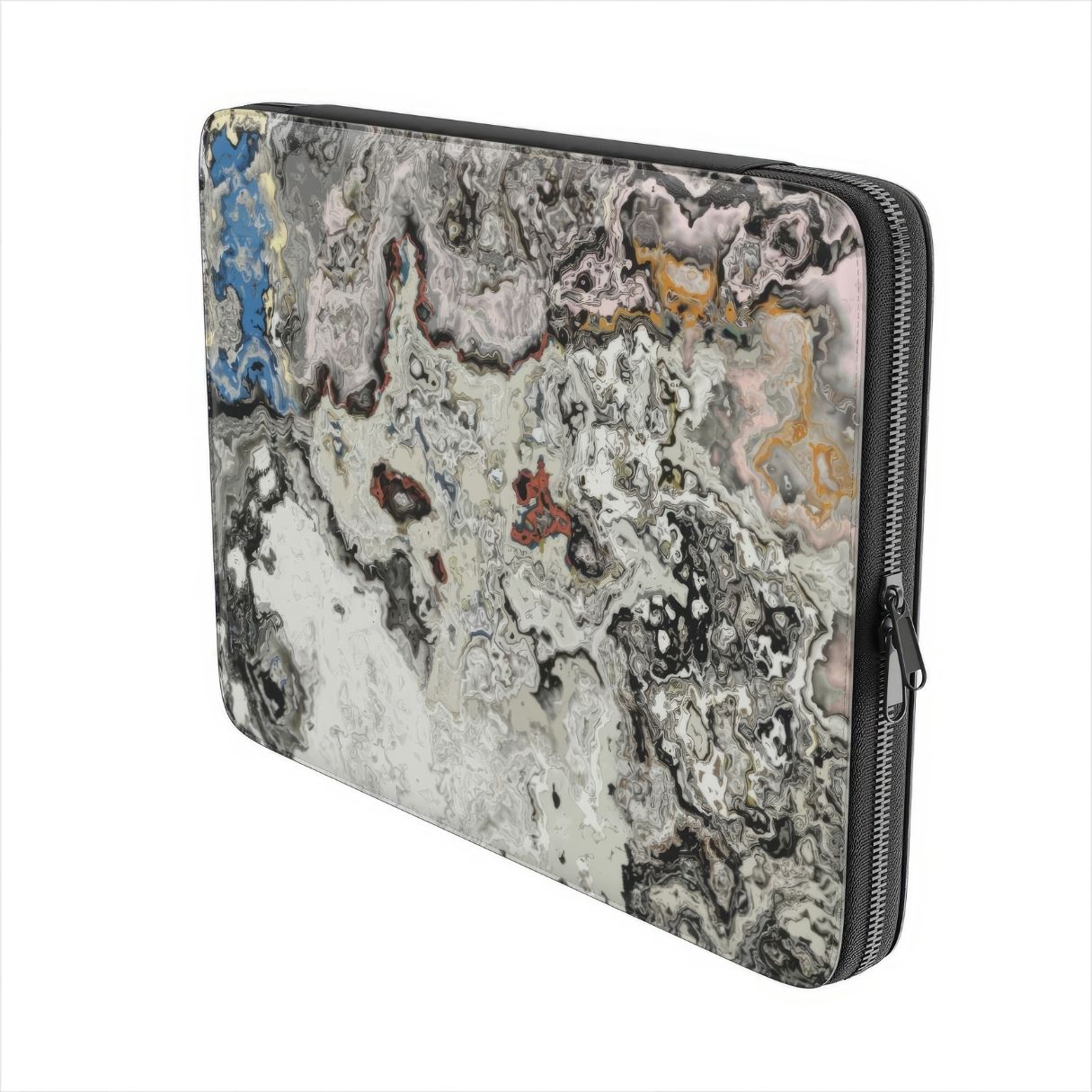 Laptop Sleeve with Full Moon pattern, marble pattern; moon surface imagination. Bold expressive aesthetic design. Colorful and interior fit. Side view.