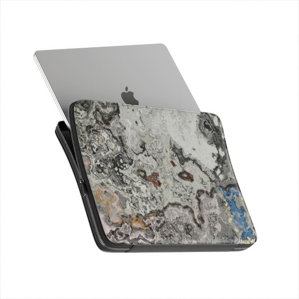Laptop Sleeve with Full Moon pattern, marble pattern; moon surface imagination. Bold expressive aesthetic design. Colorful and interior fit. Side view with device.